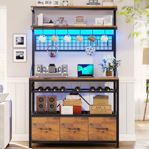 Itaar Bakers Rack with Storage and Power Outlet, 35.4 inch Coffee Bar Cabinet, Microwave Stand Kitchen Cabinet with Hutch, LED Lights, Wine Rack and Hooks, Rustic Brown