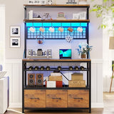 Itaar Bakers Rack with Storage and Power Outlet, 35.4 inch Coffee Bar Cabinet, Microwave Stand Kitchen Cabinet with Hutch, LED Lights, Wine Rack and Hooks, Rustic Brown