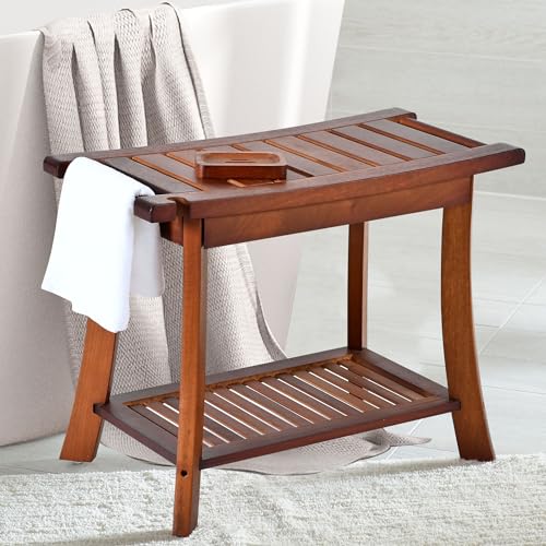 Jekruiet Teak Shower Chair Stool, 24 Inch Shower Bench Seat, Wooden Bathroom Bench with Storage Shelf for Adults, Elderly, Disabled Indoor & Outdoor Use - WoodArtSupply