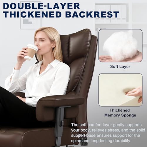 Misolant Big and Tall Office Chair with Footrest, High Back Executive Desk Chair with Adjustable Lift Armrest, 155°Recline，Lumbar Support Pillow, Faux Leather Gaming Chairs for Home or Office Brown Misolant