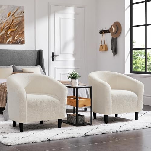 Yaheetech Barrel Chairs, Furry Accent Chairs, Sherpa Chairs with Soft Padded Armrest, Fuzzy Club Chairs for Living Room Bedroom Waiting Room Office, Accent Chairs Set of 2, Ivory - WoodArtSupply