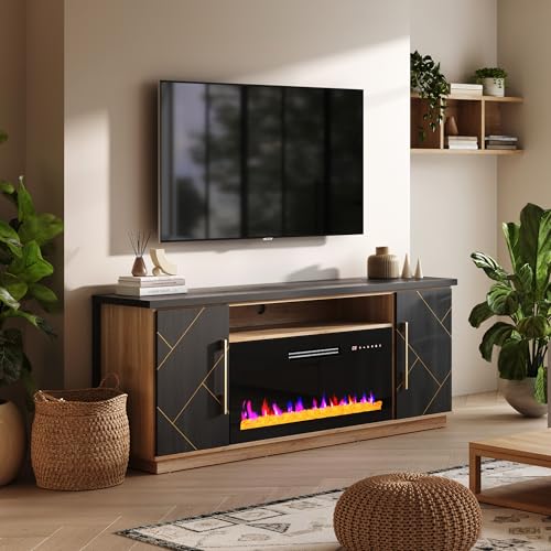 BELLEZE 68“ Fireplace TV Stand for TV's Up to 75", Elegant Entertainment Center with 36" Electric Fireplace Heater, Storage Media Console with Drawers & Open Shelves for Living Room (Espresso Black) BELLEZE