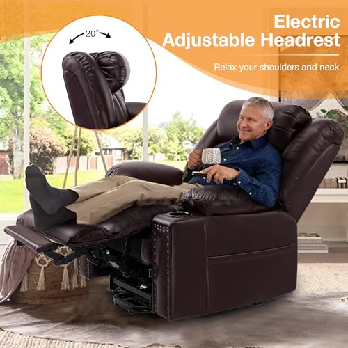 Gehtmnl Triple Motor Large Power Lift Recliner Chair for Elderly with Heat and Massage, Lay Flat Lift Chairs for Seniors Infinite Position, Extended Footrest, USB Ports (Dark Brown)
