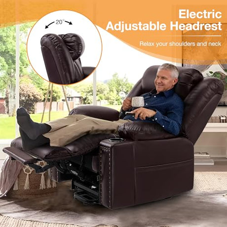 Gehtmnl Triple Motor Large Power Lift Recliner Chair for Elderly with Heat and Massage, Lay Flat Lift Chairs for Seniors Infinite Position, Extended Footrest, USB Ports (Dark Brown) Gehtmnl