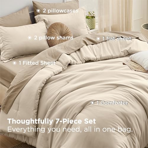 Bedsure King Size Comforter Set - 7 Pieces Light Beige King Bedding Set for All Seasons, Boho Contrasting Design Bed in a Bag with Comforter, Sheets, Pillowcases & Shams Bedsure