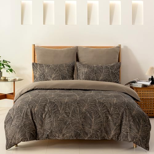 Lekesky King Size Duvet Cover Set, Reversible King Comforter Cover with Tropical Leaves Pattern, Soft 100% Washed Microfiber 3 Pieces Khaki Bedding Set with Zipper and 2 Pillowcases Lekesky