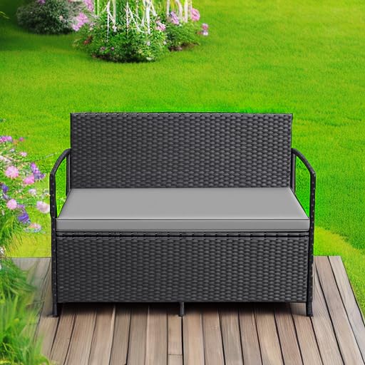 Greesum Patio Loveseat PE Rattan Wicker Outdoor Furniture with Soft Cushions & Built-in Storage Space for Lawn Garden Backyard, Black Greesum