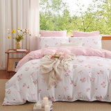 Erwinmu Floral Duvet Cover Set Twin Size,Pink Tulip Bow Ties Reversible Bedding Set with Heart Pattern for Girls Kids,Romantic Microfiber Comforter Cover 2Pcs with Zipper Closure and 1 Pillowcase Erwinmu