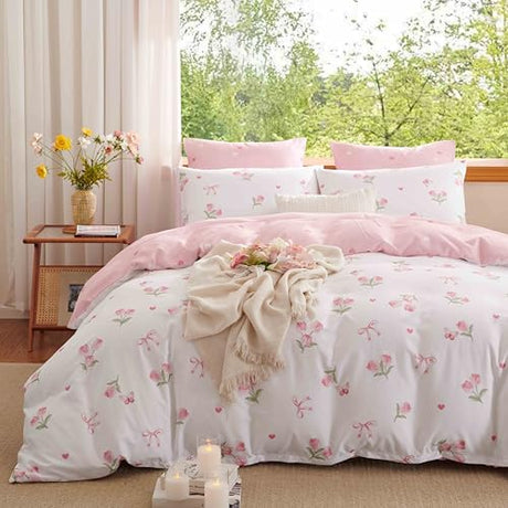 Erwinmu Floral Duvet Cover Set Twin Size,Pink Tulip Bow Ties Reversible Bedding Set with Heart Pattern for Girls Kids,Romantic Microfiber Comforter Cover 2Pcs with Zipper Closure and 1 Pillowcase Erwinmu