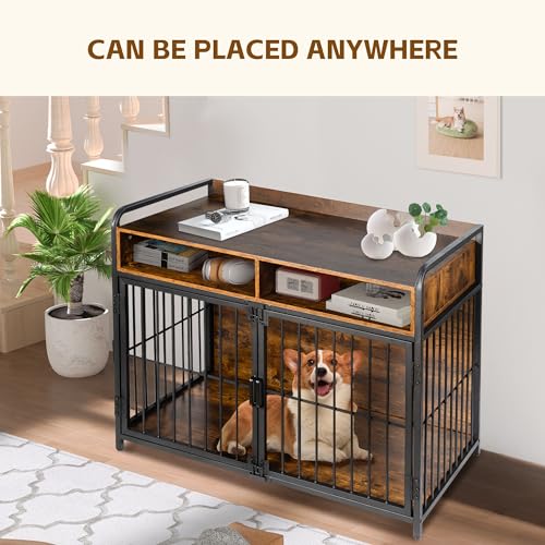 Sulives 41 inch Dog Crate Furniture for Large Dogs,Wooden Dog Crate with Divider,Double Door Dog Kennel with Two Drawers Storages,Reinforced Horizontal Bars,Indoor Dog Crate - WoodArtSupply