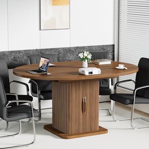 Extendable Round Conference Table for 4-8 People, 43in-59in Modern Oval Meeting Room Table with Storage, Fluted Wood Slide Doors, Small Compact, Office, Training, Conference Room, Walnut Jluomei