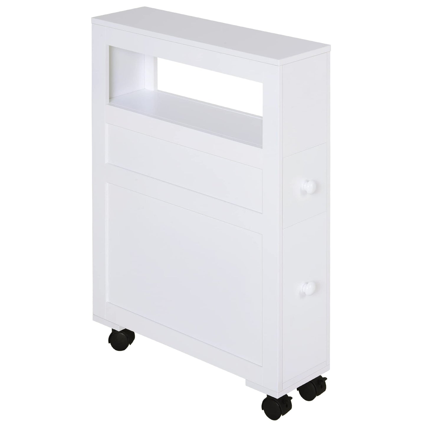 HOMCOM White Rolling Narrow Bathroom Storage Cabinet with Drawers and Open Shelf - WoodArtSupply