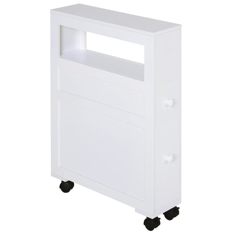 HOMCOM White Rolling Narrow Bathroom Storage Cabinet with Drawers and Open Shelf HOMCOM