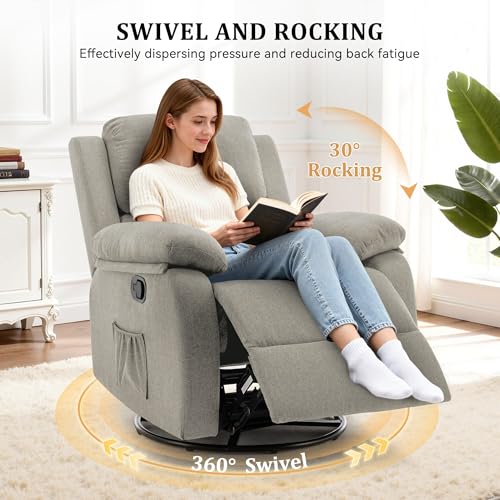 Korser Recliner Chair, 360 Swivel Rocker Chair for Adults, Small Rocking Recliner for Small Spaces, Upholstered Fabric Glider Recliner Nursery (Swivel Rocker Recliner, Light Khaki)