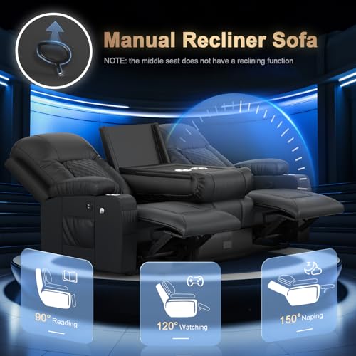 DG PEAFOWL Loveseat Recliner Sofa with Flip Backrest Design, 3 Seat Reclining Couch with Drawer, Pocket, USB Ports & Phone Holders, Wall Hugger RV Sofa Recliner Couch for Home Theater Seating