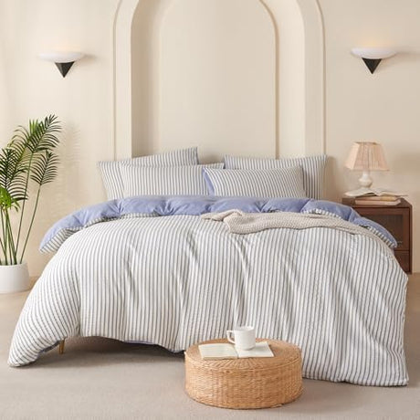 BUPIRD Comforter Set King Striped Blue 100% Soft Washed Microfiber Jacquard 3 Pieces King Striped Bedding Sets Blue White Comforter for All Seasons and 2 Pillowcases Comfort Breathable BUPIRD