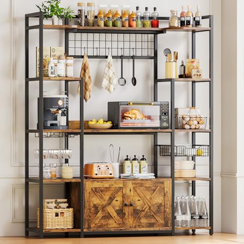 IRONCK Bakers Rack with Power Outlet, 54.7 Inch Coffee Bar Cabinet, Kitchen Bakers Rack with Storage, Microwave Stand with Shelves, Globlet Holder and 5 Hooks, Vintage Brown