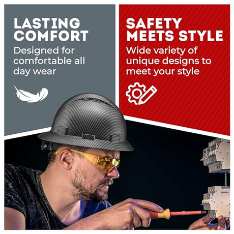 Acerpal Full Brim Non-Vented Classic Black Carbon Fiber Design Matte Finish OSHA Construction Approved Hard Hat with 6-Point Suspension Casco de construccion ACERPAL
