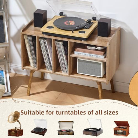 Lerliuo Record Player Stand with 4 Cabinet Holds Up to 220 Albums, Large Turntable Stand with Beech Wood Legs, Mid-Century Record Player Table Lerliuo