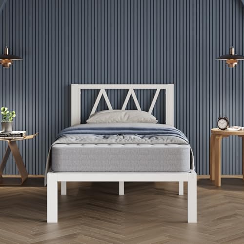 Avenco 14 Inch Twin Bed Frame with Headboard, White Metal Platform Bed Frame, Twin Size Bed Frame No Box Spring Needed, Easy Assembly, Heavy Duty Slats Support Avenco