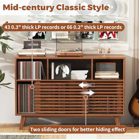 47" Large Record Player Stand with Sliding Doors, Mid Century Modern Vinyl Record Storage Display Cabinet Up to 350 LPs, Turntable Media Console for Living Room Bedroom(Walnut) Forrelaxis