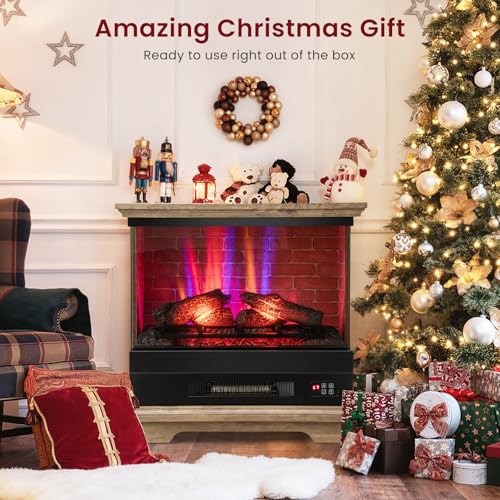 ORALNER 27” Electric Fireplace with Mantel, 3-Sided Glass View, Wooden Surround Firebox, Freestanding Fireplace Heater w/ 7 Flame Colors, Remote & 6H Timer, Overheat Protection, 1400W (Brown) ORALNER