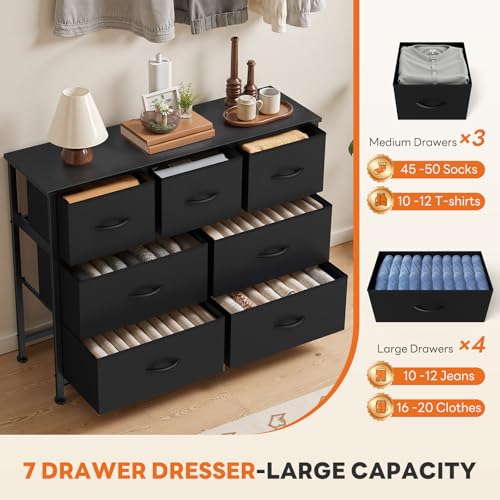 Sweetcrispy 7 Drawer Dresser with Fabric Bins Fabric Storage Tower Organizer for Bedroom Closet Hallway Entryway Tall Chest of Drawers with Steel Frame Wood Top Easy Pull Handles,Black Sweetcrispy