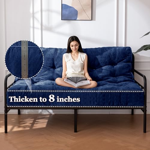 YOSHOOT 8 Inches Futon Mattress Full Size, Thick Futons Sofa Couch Bed, Chenille Fabric Floor Mattress for Adults, Shredded Foam Filling, Medium Firm(Frame Not Included), Blue, 54"x75" YOSHOOT