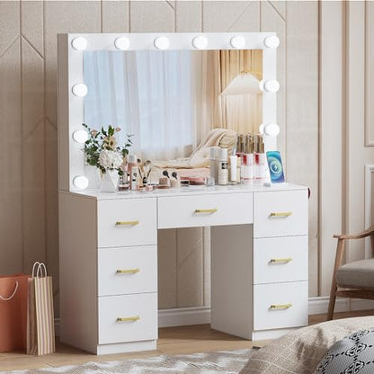 FURNJOYLIFE White Makeup Vanity Desk with Lighted Mirror & Power Outlet,3 Color Modes, Brightness Adjustable,Vanity Table with Drawer,Sliding 2 Storage Wall-Mounted Jewelry,4 Shelves for Bedr - WoodArtSupply