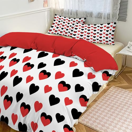 DLERFLOVR Single Duvet Cover, Black and Red Heart Reversible Quilt Cover - So Soft Polyester Fabric - Minimalist Style Bedding Sets with Pillow Cases for Boys, Girls and Children, Red DLERFLOVR