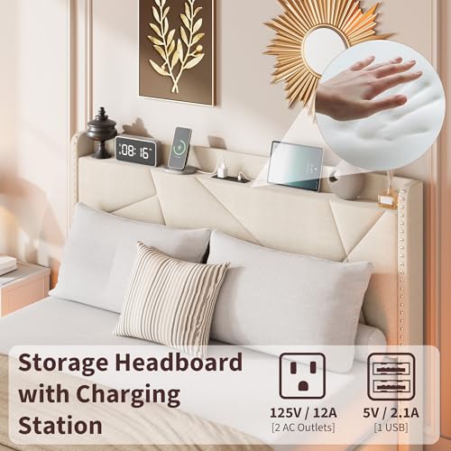 GarveeHome Full Floating Bed Frame with LED Lights & Charging Station, Upholstered Platform Beds with Storage Headboard & Folding Shelves Storage, Metal Slats Support, No Box Spring Needed, Beige GarveeHome