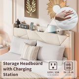 GarveeHome Full Floating Bed Frame with LED Lights & Charging Station, Upholstered Platform Beds with Storage Headboard & Folding Shelves Storage, Metal Slats Support, No Box Spring Needed, Beige GarveeHome