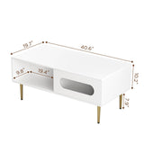 VEELOK Modern Coffee Table for Living Room - LED Living Room Table with 4 Storage Compartments, Semi See-Through Sliding Doors - Glossy Finish, Metal Legs, Rounded Edges - Contemporary Home Furniture VEELOK