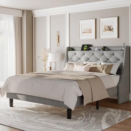 Feonase Full Size Bed Frame with Luxury Wingback and Fast Charging Station,Full Upholstered Button Tufted Storage Headboard Platform Bed,Sturdy Wooden Slats Support,Easy Assembly,Noise-Free,Light Gray Feonase
