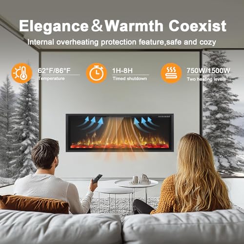 PRETZI 60" Electric Fireplace Ultra Narrow Aluminum Frame & Wide Screen, Electric Fireplace Inserts/Wall Mounted with Heater, Adjustable Flame Color and Brightness, Remote Control/Timer, 750/1500w PRETZI