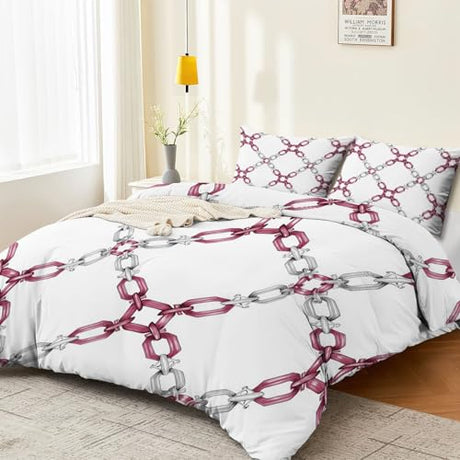 Double Sided Printed Bedding with Minimalist Chain Modern - Ultra Soft Microfiber Duvet Cover Set Single Durable Zipper Closure, Comfortable Quilt Cover for Bedroom Décor White Generic