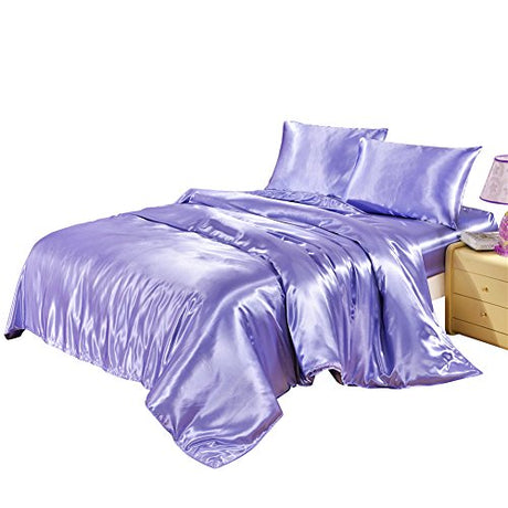 DREFEEL Hotel Quality Solid Lilac/Lavender Duvet Cover Set Twin/Single Size Silk Like Satin Bedding with Hidden Zipper Ties Soft Stain Resistant Quilt/Comforter Cover Set DREFEEL