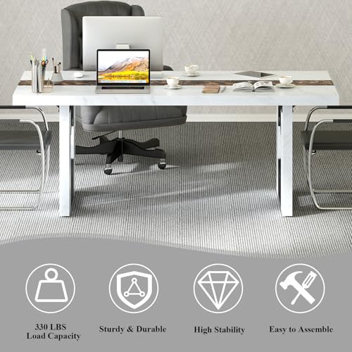 Loomie 6FT Conference Table for 6-8 People, 71 Inch Large Rectangular Meeting Table with Marble-Color Tabletop, Modern Seminar Table for Office Conference Room, Boardroom (White Marble) Loomie