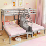 KOTEK Triple Bunk Bed with Stairs, Twin Over Twin & Twin Bunk Bed Frame with Guardrail & Storage, Wooden Bunkbeds for 3 Kids Teens, No Box Spring Needed (Grey) KOTEK