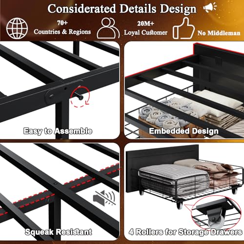 Etditrnp Full Bed Frame with Storage Headboard, Farmhouse Platform Bed Frame with Bookshelf, Drawers, LED Lights and Charging Station, Metal Slats Support, Noise Free, No Box Spring Needed, Black Etditrnp