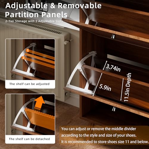 Fsbecl Shoe Storage Cabinet for Entryway with 3 Flip Drawers, Narrow Shoe Organizer with Fluted Panel, Freestanding Wood Hidden Shoe Cabinet for Hallway (Walnut, 23.6''W, Double Layer) Fsbecl