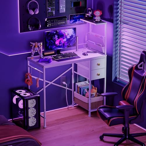 Jakyitvi 33.7" Computer Desk with Power Outlets, LED Lights & 2 Drawers, Small Office Desk with Storage Bag & Hooks, Gaming Desk for Bedrooms or Home Office, Compact Study Desk for Small Spaces，White Jakyitvi