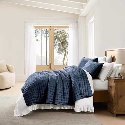 WDCOZY Navy Blue Twin Size Quilt Bedding Sets with Pillow Sham, Lightweight Soft Bedspread Coverlet, Quilted Blanket Thin Comforter Bed Cover, All Season Summer Spring, 2 Pieces, 68x90 inches WDCOZY
