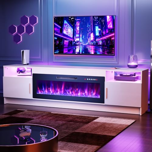 EAG 80" Electric Fireplace TV Stand with 42 inch Fireplace Up to 90" TVs, Entertainment Center with with Storage Cabinet & LED Lights, Modern Media Console for Living Room, White EAG