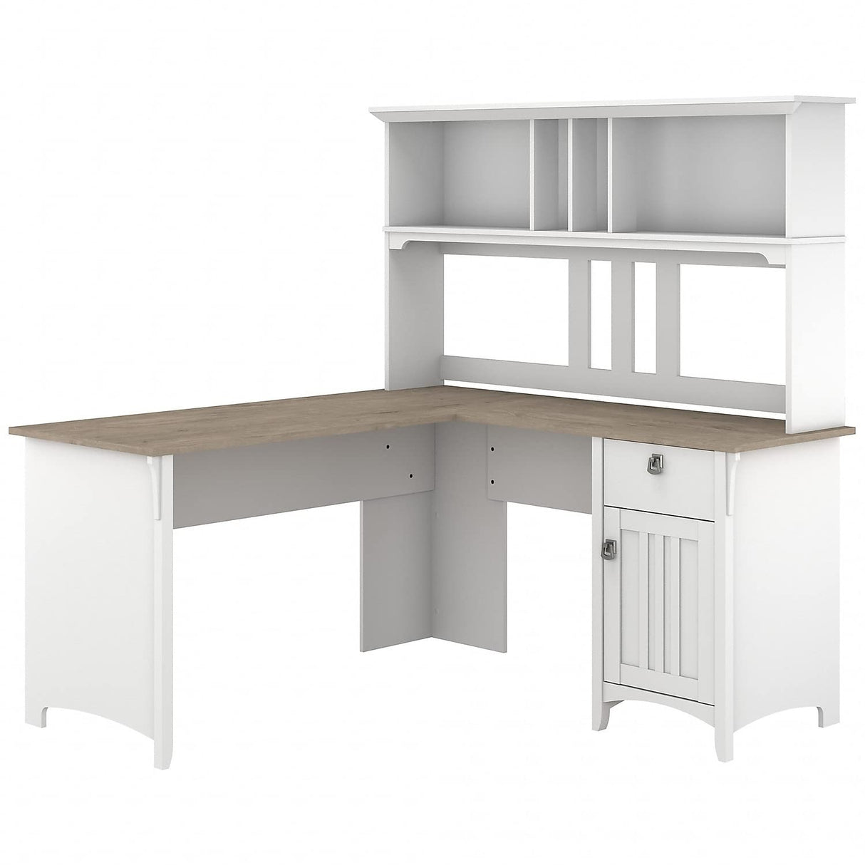 Bush Furniture Salinas L Shaped Desk with Hutch | Corner Table with Drawers and Storage for Home Office, 60W, Pure White and Shiplap Gray Bush Business Furniture