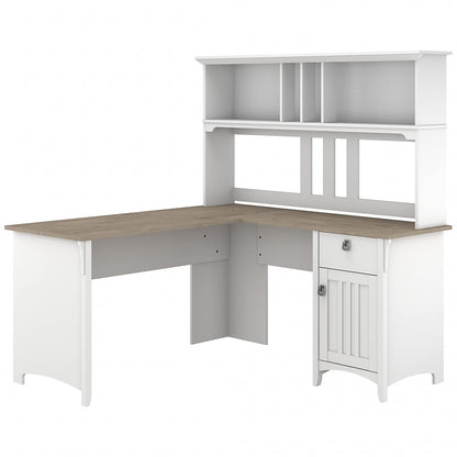 Bush Furniture Salinas L Shaped Desk with Hutch | Corner Table with Drawers and Storage for Home Office, 60W, Pure White and Shiplap Gray - WoodArtSupply