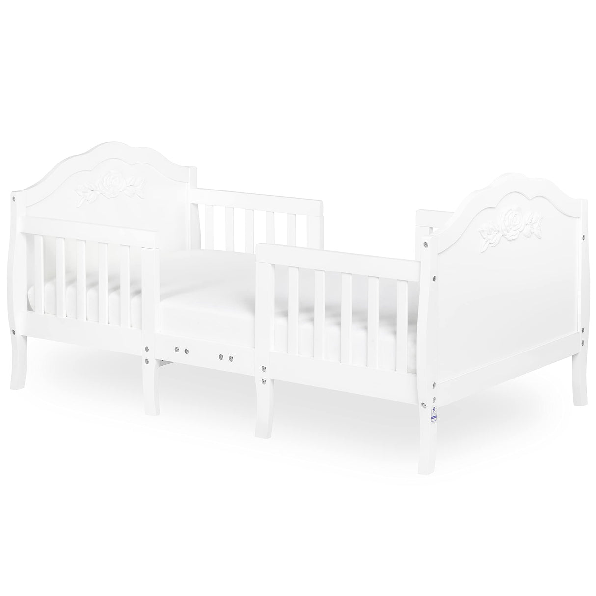 SweetPea Baby Rose 3-in-1 Convertible Toddler Bed in White, Greenguard Gold Certified, JPMA Certified, Safety Rails, Made of Sustainable New Zealand Pinewood Sweetpea Baby