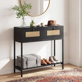 COSTWAY Rattan Console Table, Boho Narrow Sofa Table with 2 Storage Drawers and Open Shelf, 3-Tier Entryway Table with Sturdy Metal Frame for Living Room, Hallway, Foyer, 32 Inch (Black) COSTWAY