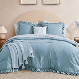 BLOOMHAVEN Queen Comforter Set - 7 Pieces Ruffle Blue Bedding Sets, Shabby Chic Farmhouse Bed in a Bag Queen with Ruffle Comforter, Floral Sheets, Pillowcases & Shams BLOOMHAVEN