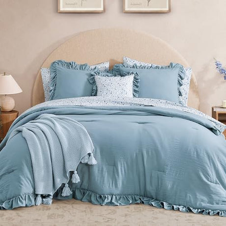 BLOOMHAVEN Queen Comforter Set - 7 Pieces Ruffle Blue Bedding Sets, Shabby Chic Farmhouse Bed in a Bag Queen with Ruffle Comforter, Floral Sheets, Pillowcases & Shams BLOOMHAVEN